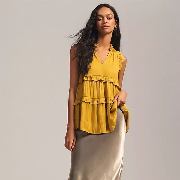 By Anthropologie Tiered Sleeveless Satin Blouse Honey Mustard Gold Size Small - Picture 4 of 12